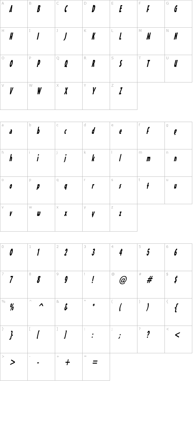 Massey Thin Italic character map