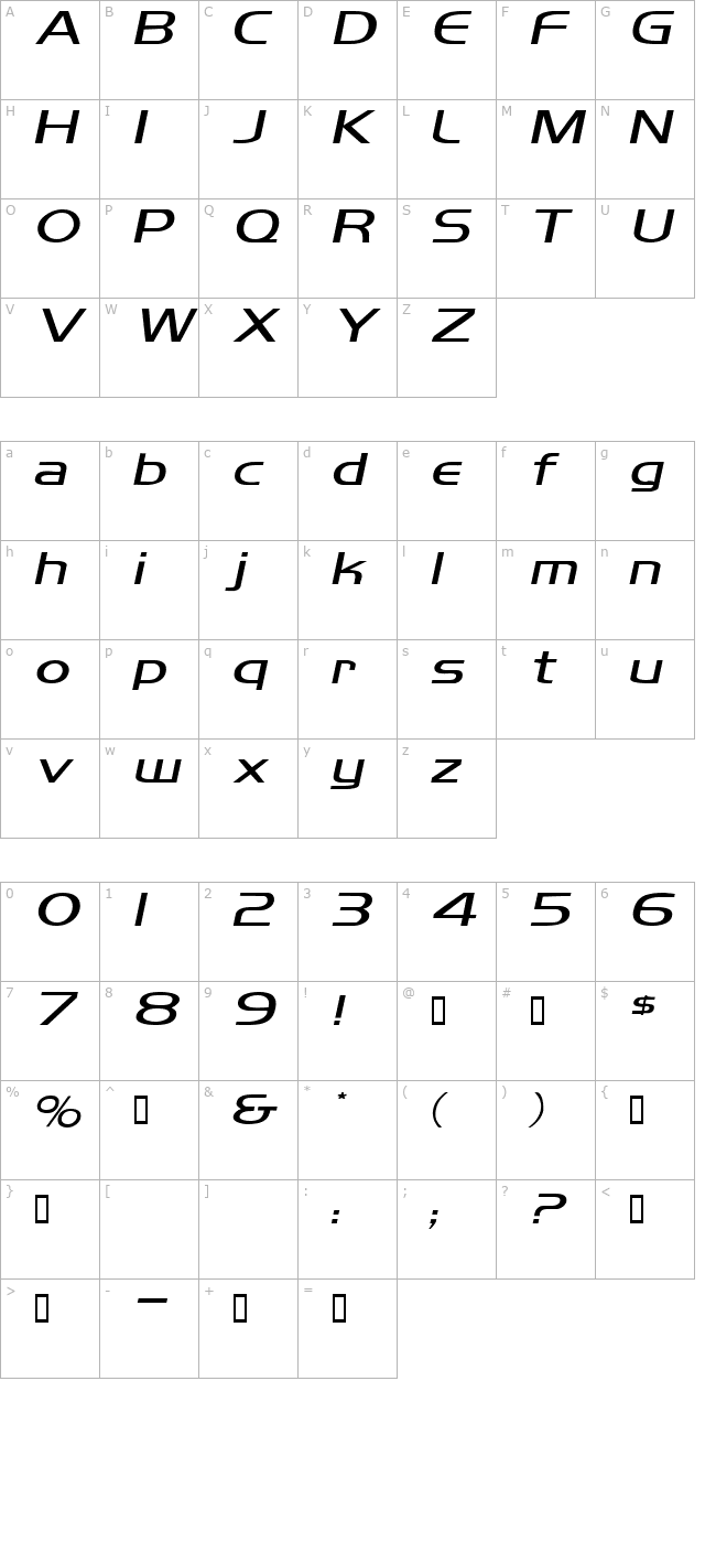 MikityExtended Italic character map