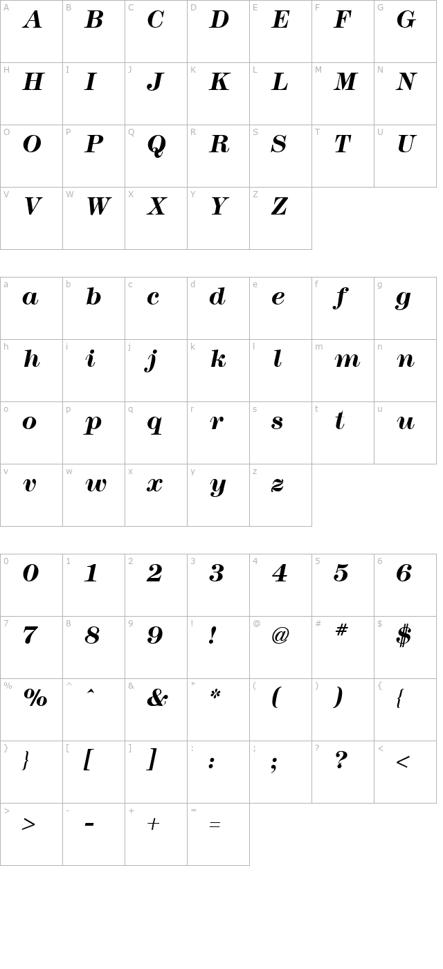 Modern No. 216 Bold Italic character map