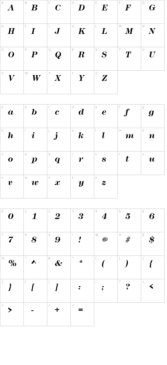 Modern327 Bold Italic character map