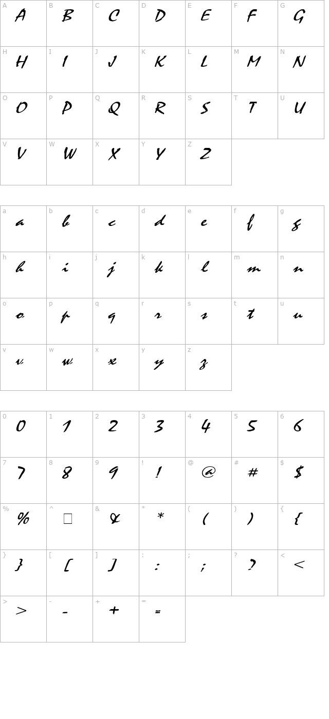 Mystic Wide Italic character map