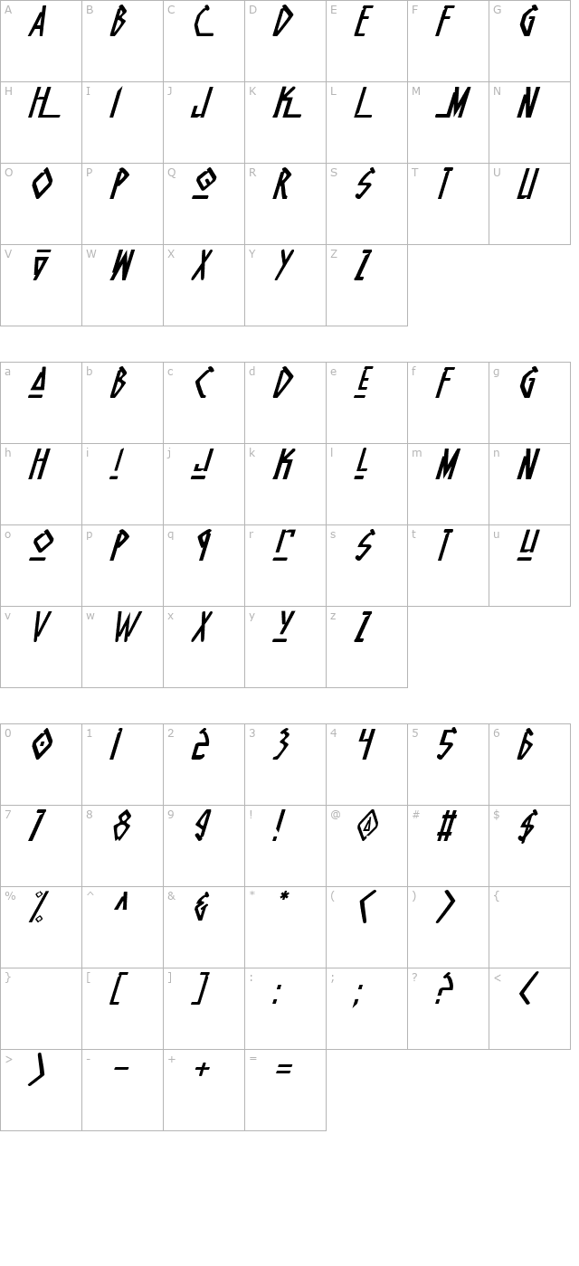 Native Alien Italic character map