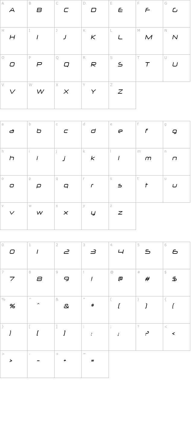 Neuropol X Italic character map