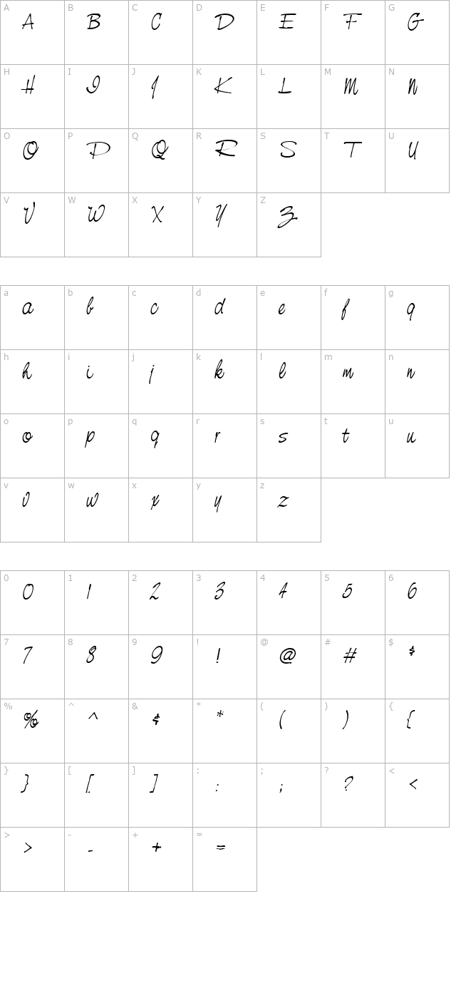 nevillescript-italic character map
