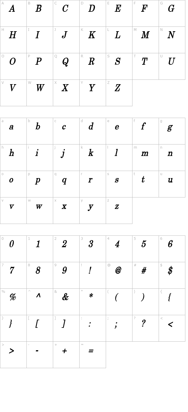 New Boston Condensed Bold Italic character map