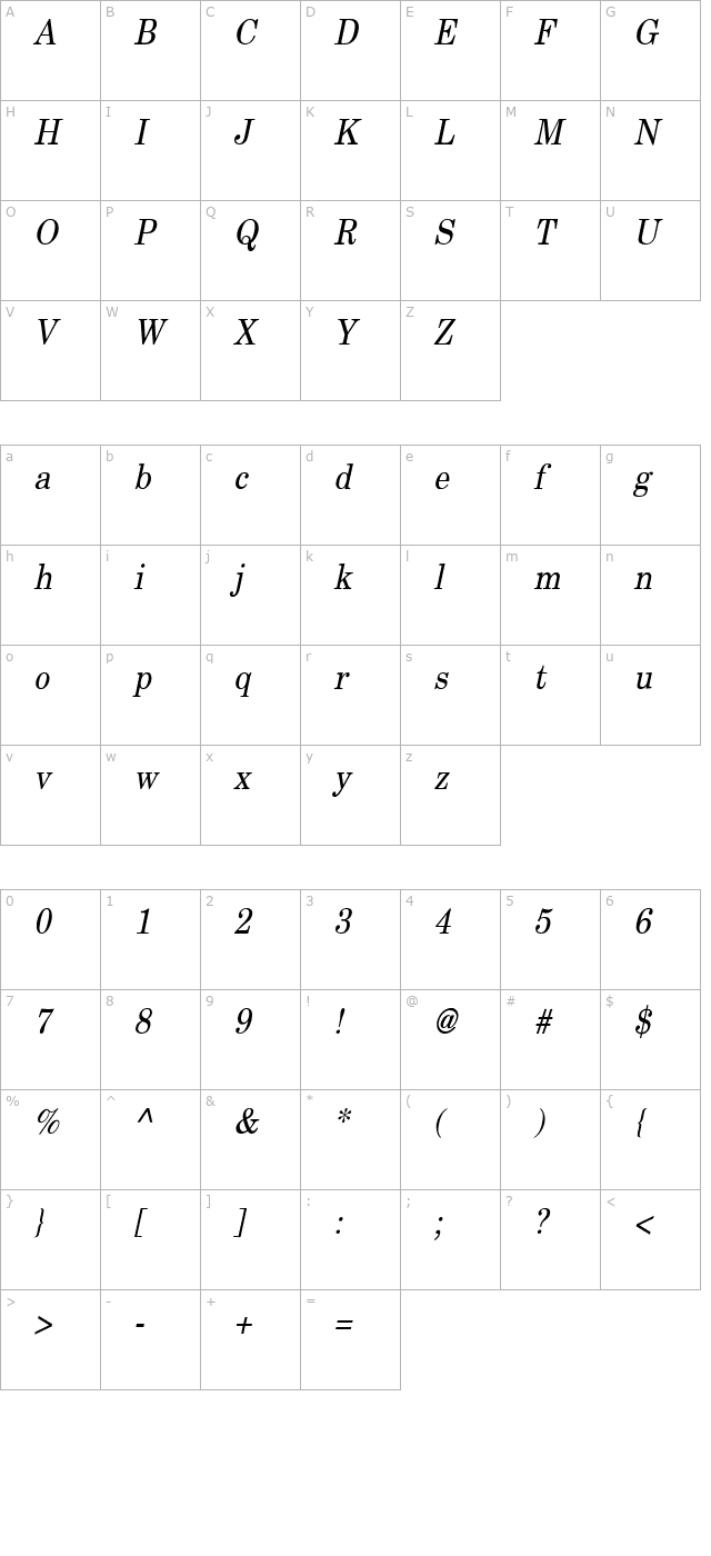 New Boston Condensed Italic character map