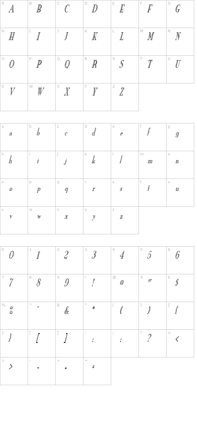 New Eng. Engr. Condensed Italic character map