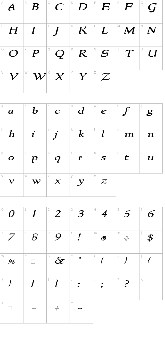 newstylewide-italic character map