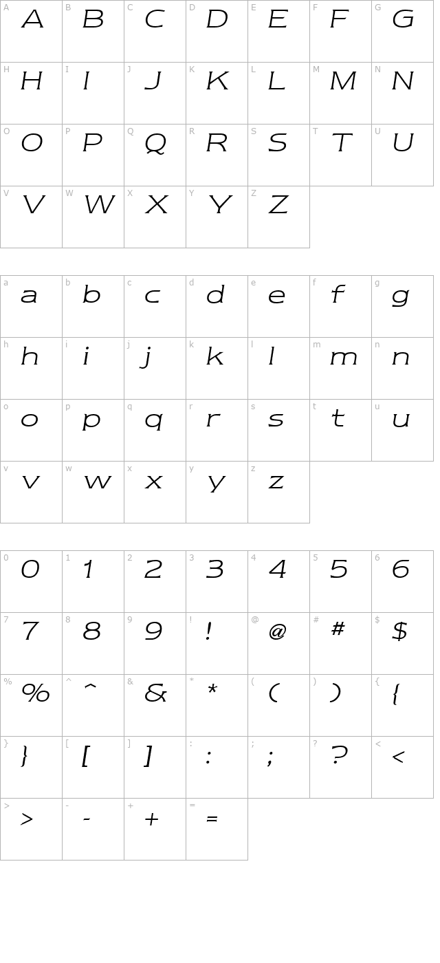 Newtext Light Italic character map