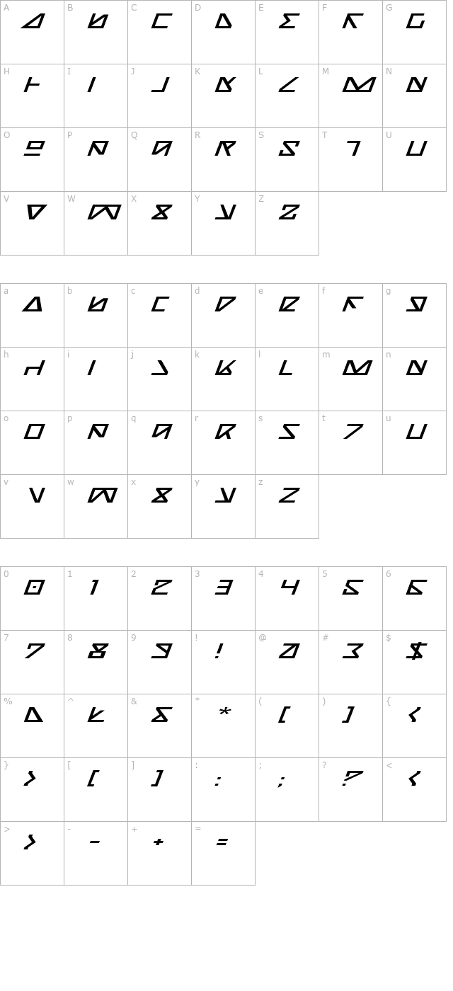 Nick Turbo Expanded Italic character map