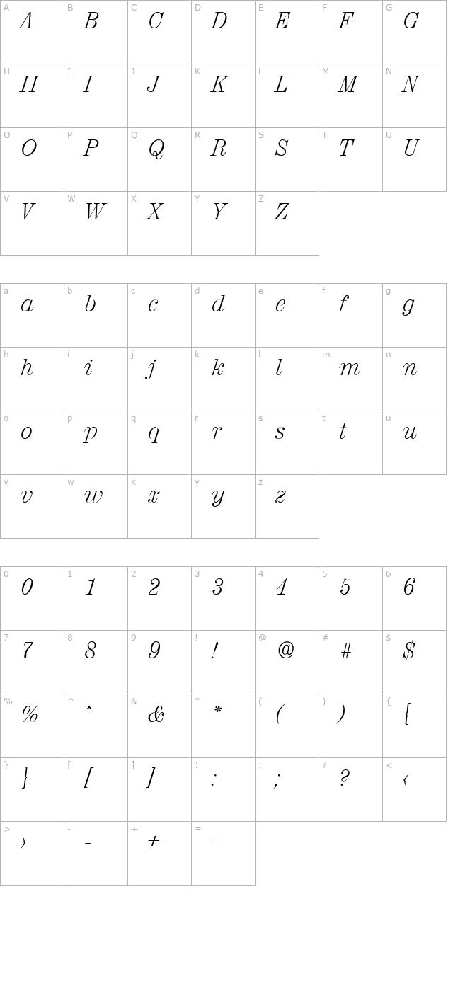 NormanBecker-ExtraLight Italic character map