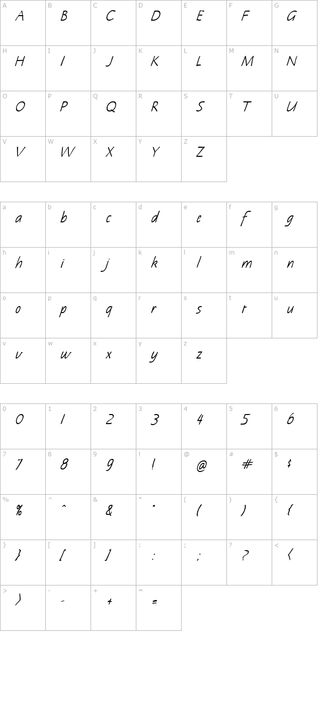 Notehand Bold Italic character map