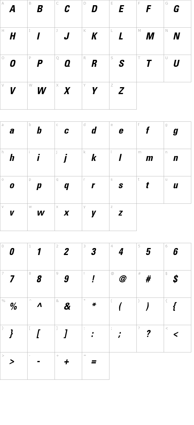 Nova Condensed SSi Bold Condensed Italic character map