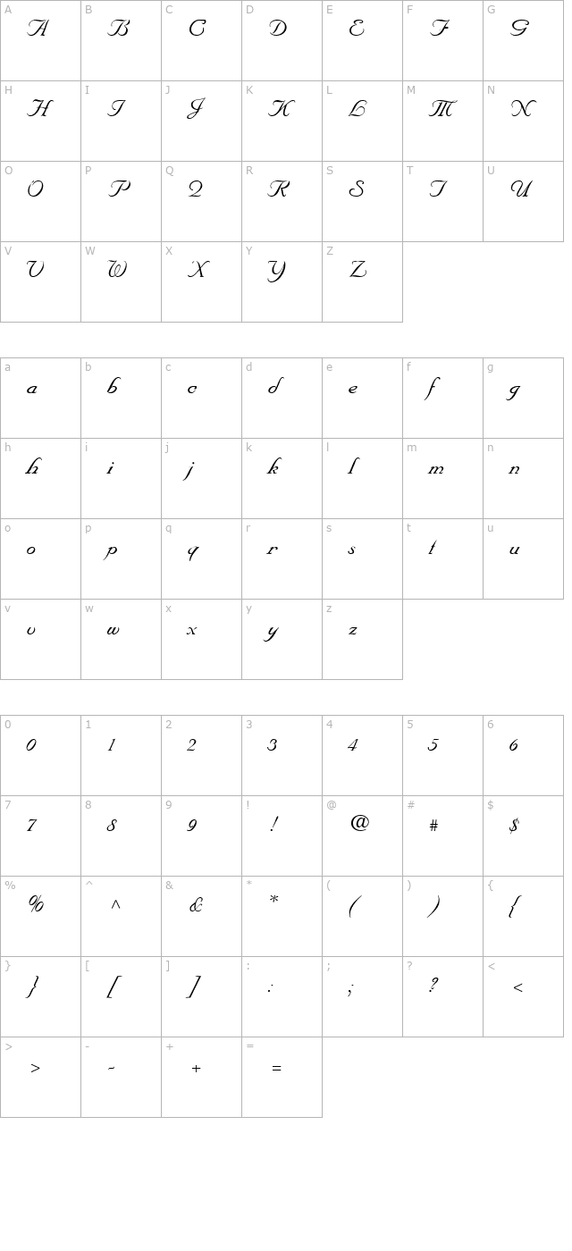 NuptialScript Italic character map