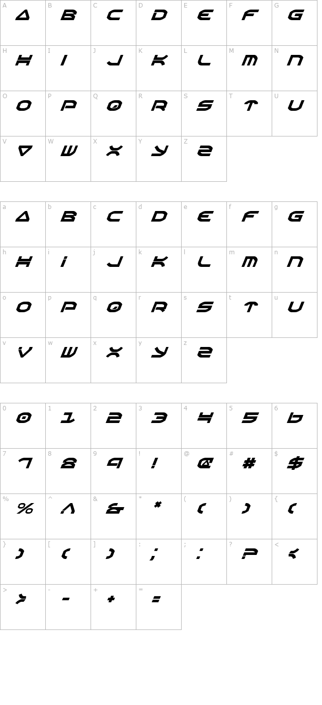 Oberon Italic character map