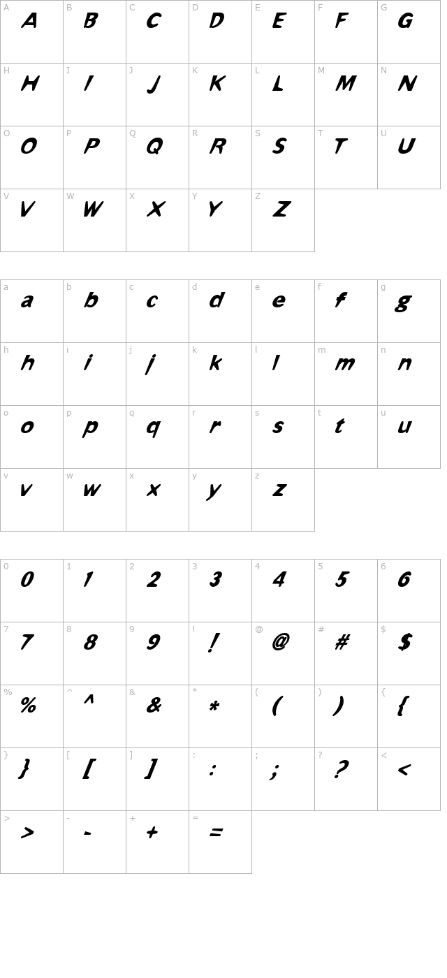 Omaha Bold Italic character map