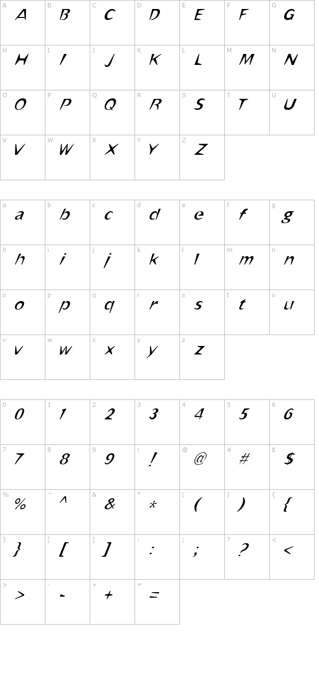 OmahaThin Italic character map