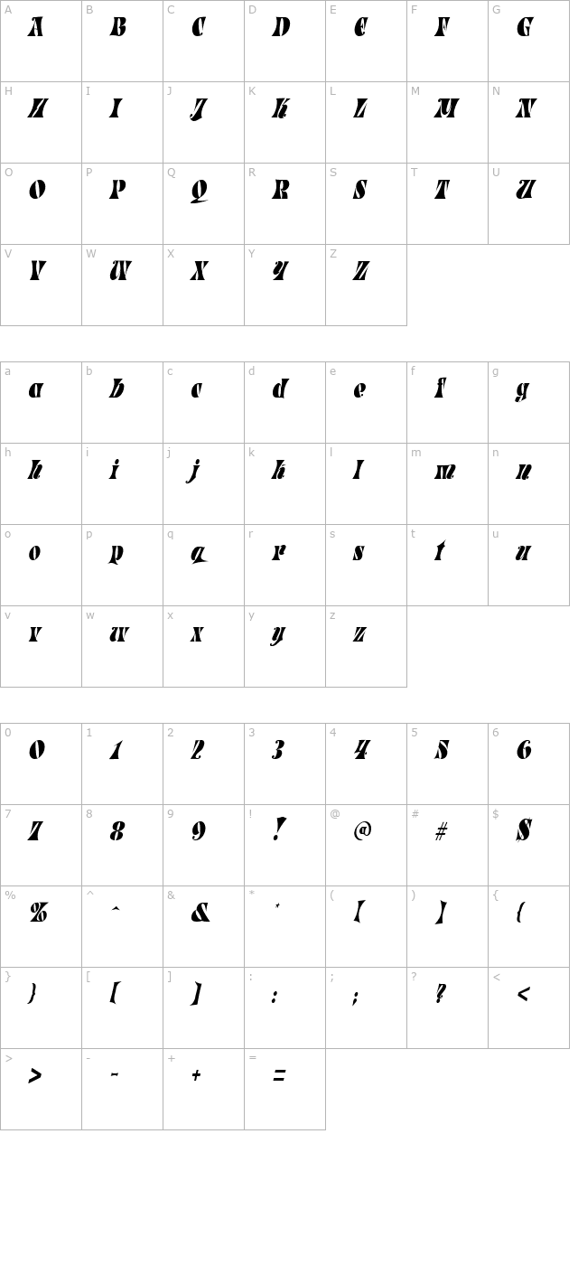 ParadeTight Italic character map