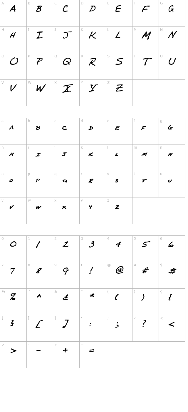 PerkinsHand Italic character map