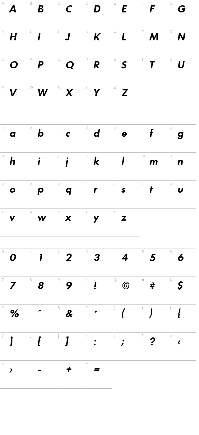 PeterBecker Bold Italic character map