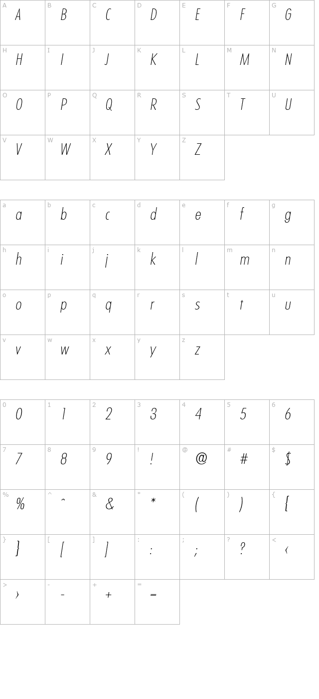 PeterBeckerCond-ExtraLight Italic character map