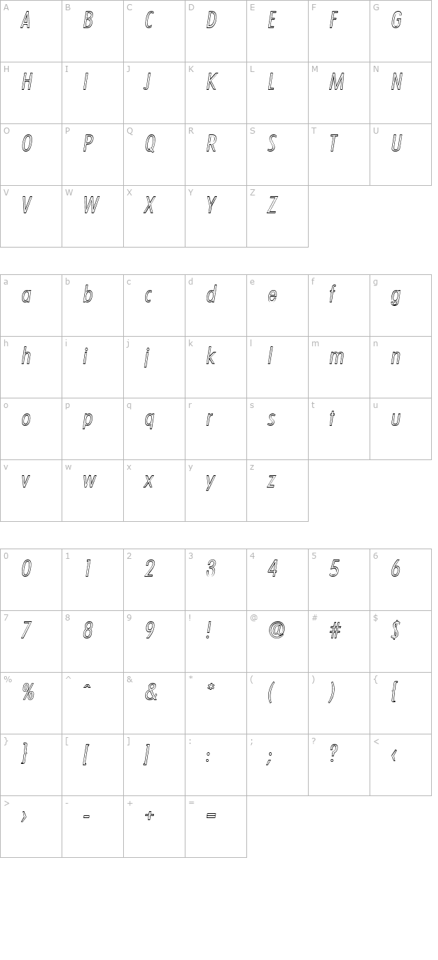 PeterBeckerCondOutline-Light-Italic character map