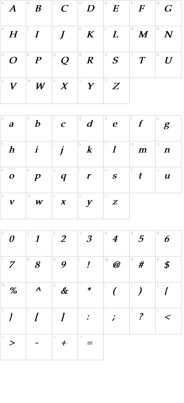Pheasant Bold Italic character map