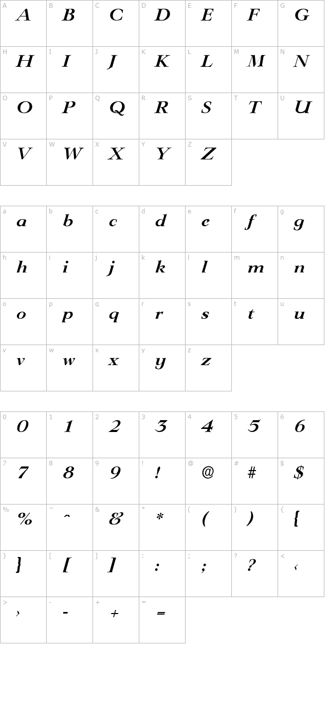 PhillipBecker Bold Italic character map
