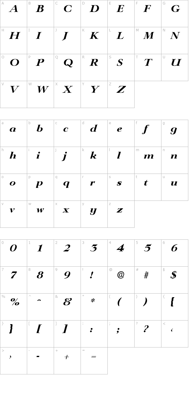 PhillipBecker-ExtraBold Italic character map