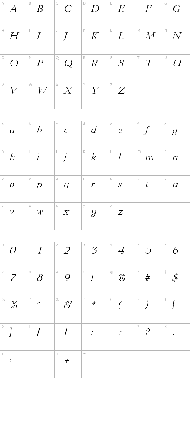 PhillipBecker-Light Italic character map