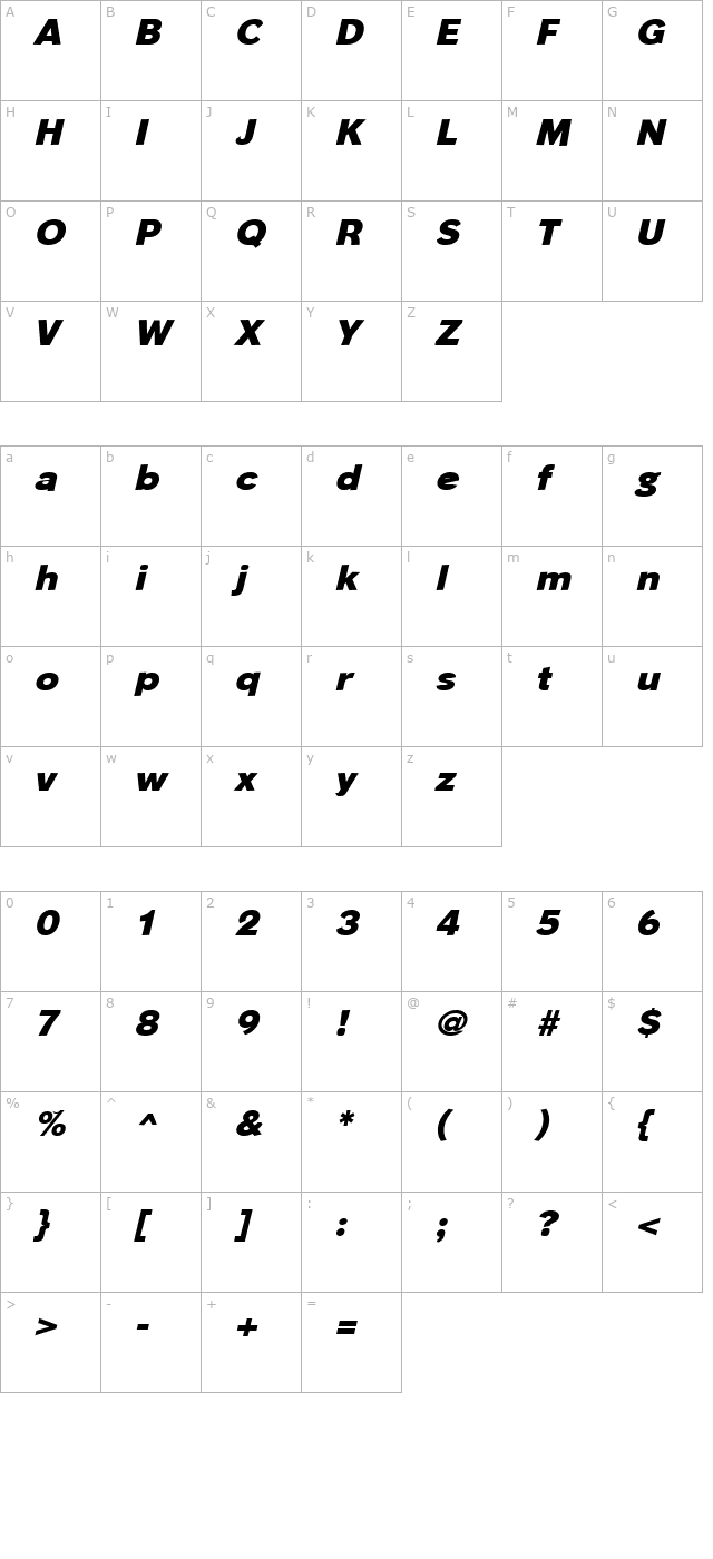 phinster-heavy-italic character map