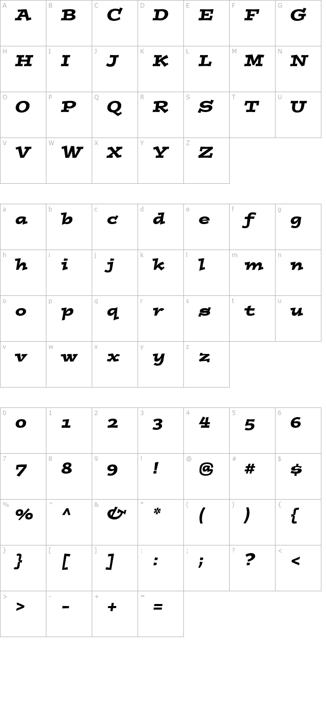 Postino Italic character map
