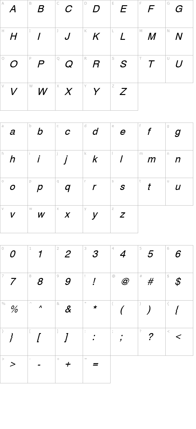 pp-helvetic-normal-italic character map