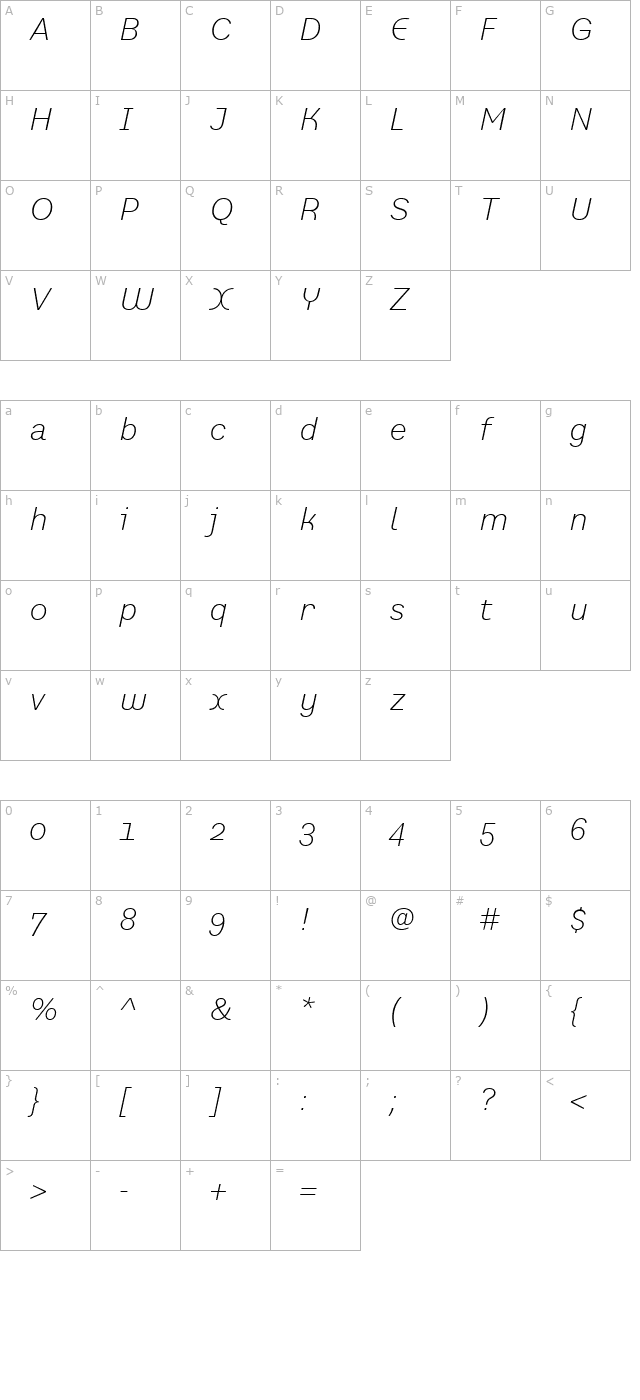 PrefaceLight Italic character map