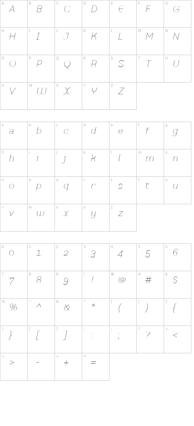 prefacethin-italic character map