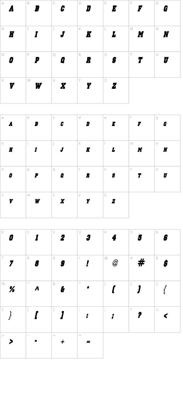 Princeton solid Condensed Italic character map