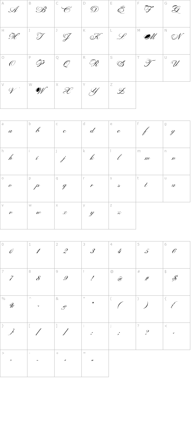 PrintsCharming-Oblique character map