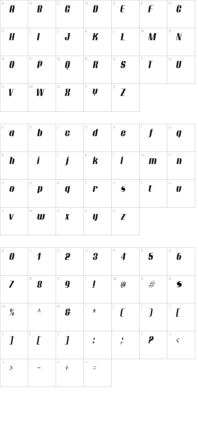 Ptarmigan Condensed Italic character map