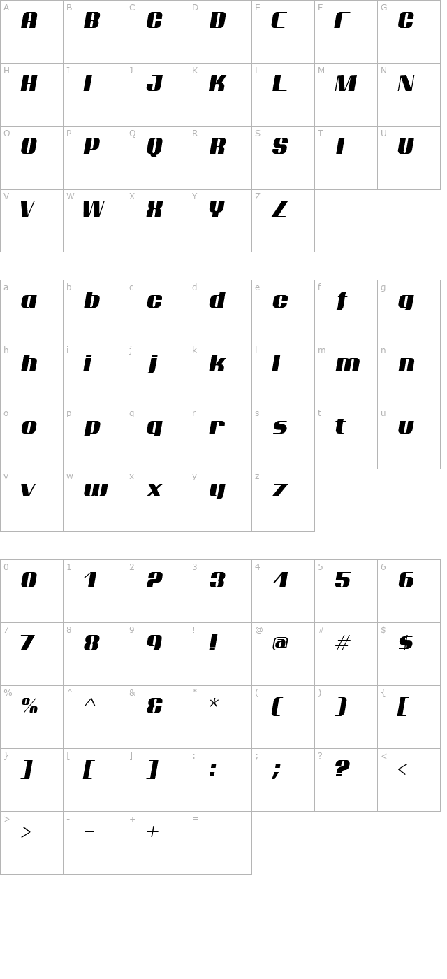 Ptarmigan Italic character map