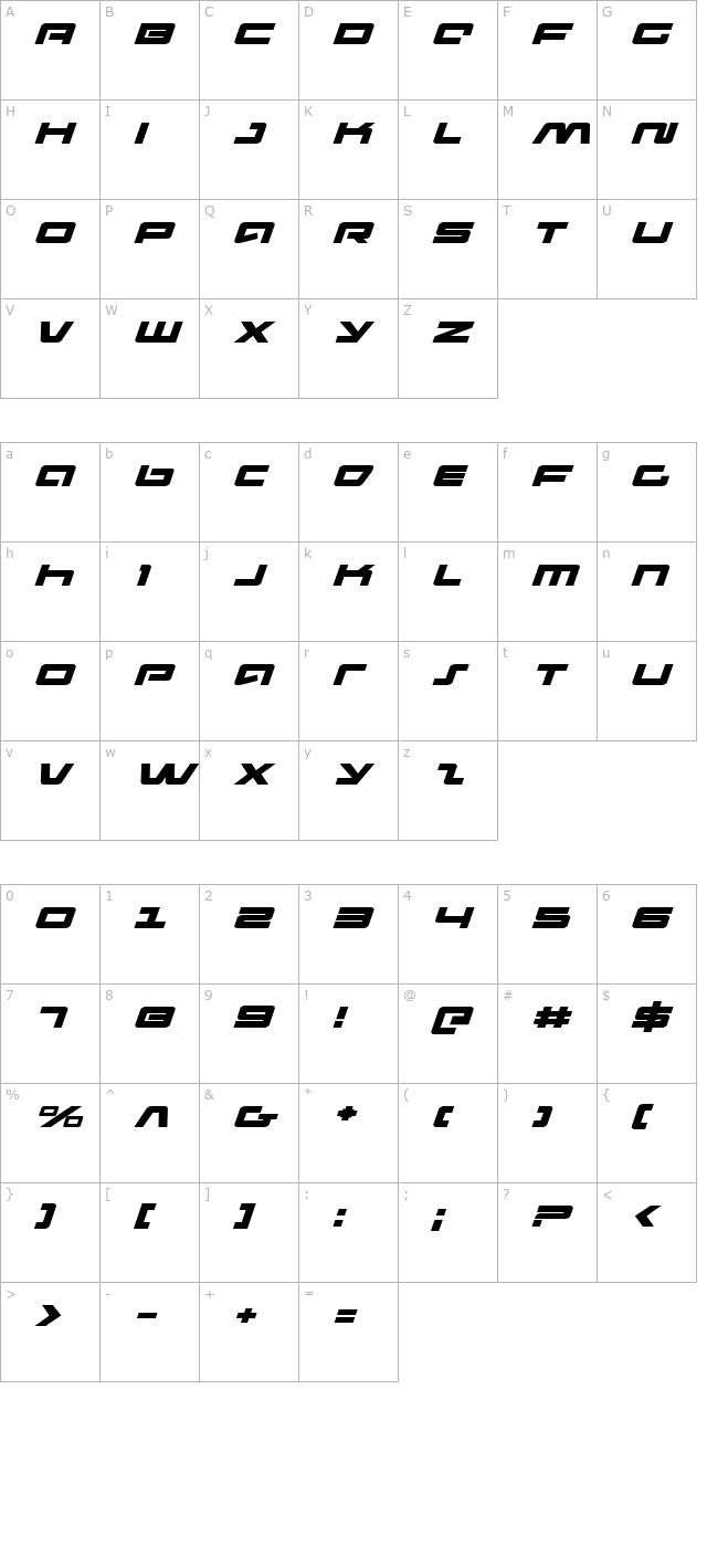Pulse Rifle Expanded Italic character map