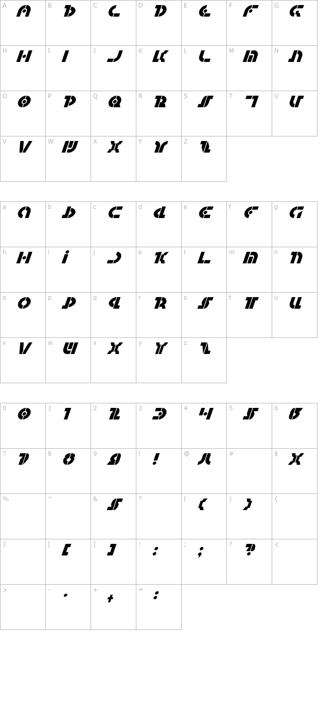 Questlok Italic character map