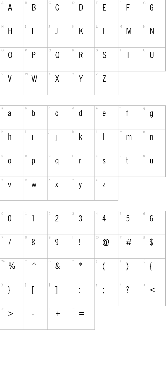 QuickType Condensed character map
