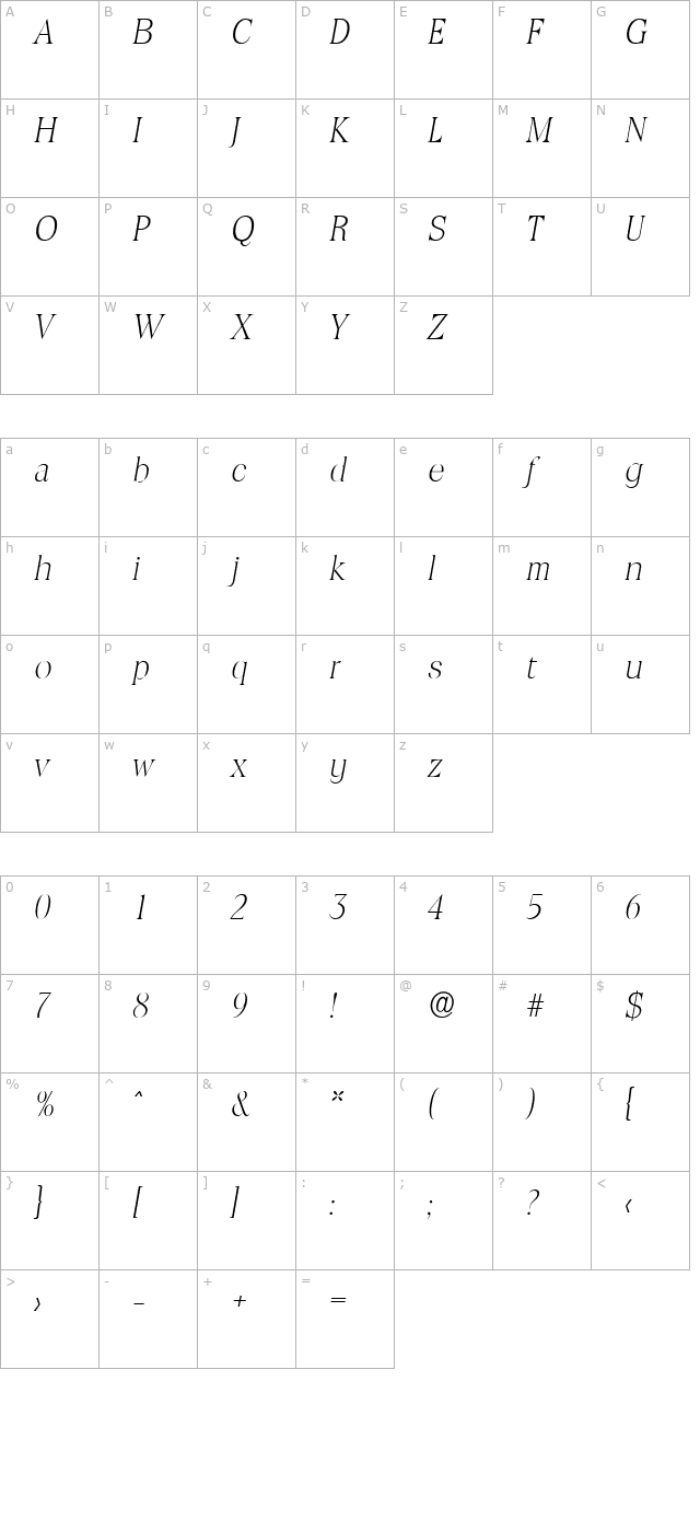 RalphBecker-ExtraLight Italic character map