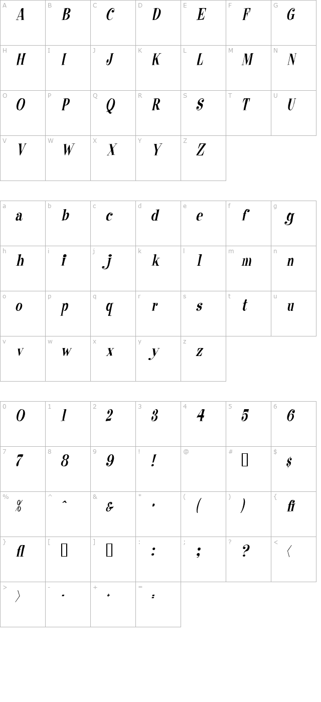 RaskinCondensed Italic character map