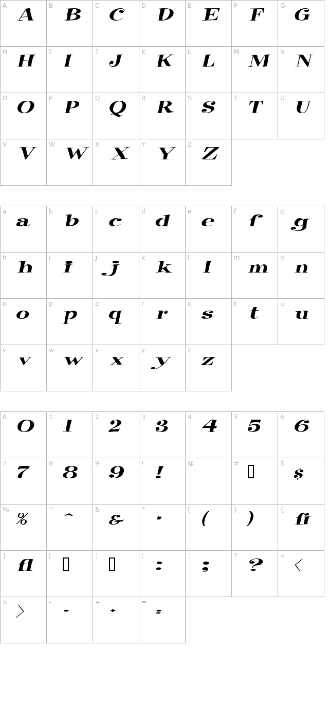 RaskinExtended Italic character map