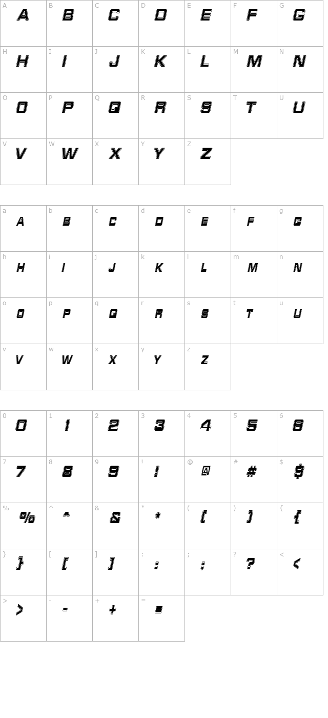 RedAlertCondensed Italic character map