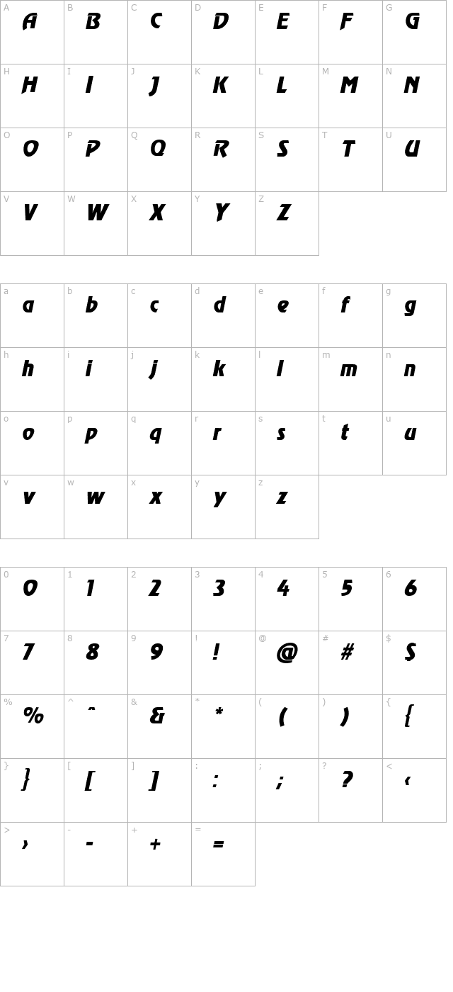 Revel Italic character map