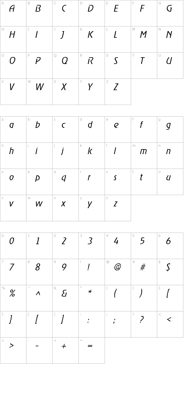 RevelLight Italic character map