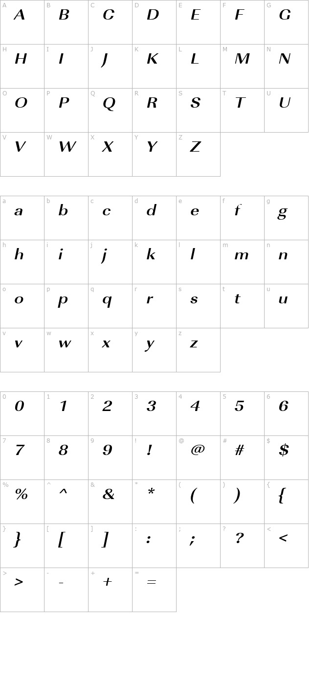RicoBeckerExtended Bold Italic character map