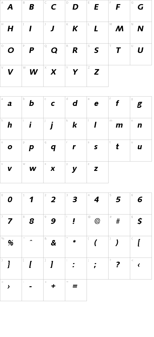 RogerBecker Bold Italic character map